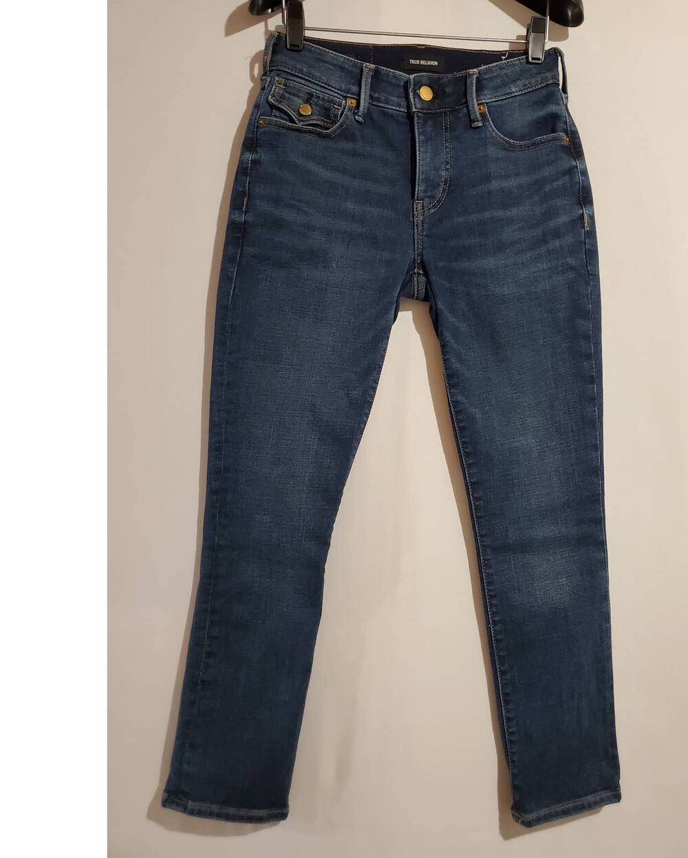 True Religion Jennie Curvy Big T Flap Pocket Dark Wash Ankle Jeans Womens 27